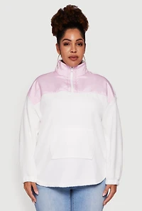 Womens Plus Size Sherpa Pullover Sweatshirt with Kangaroo Pocket, White, Size 4X