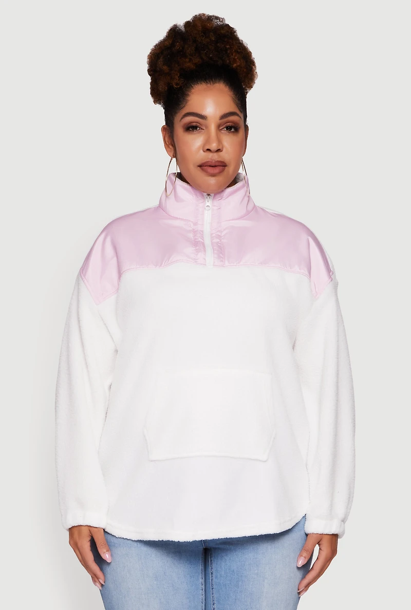 Womens Plus Size Sherpa Pullover Sweatshirt with Kangaroo Pocket, White, Size 2X