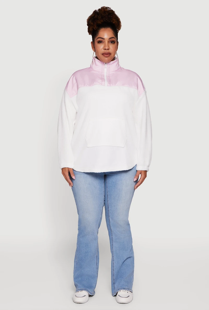 Womens Plus Size Sherpa Pullover Sweatshirt with Kangaroo Pocket, White, Size 4X