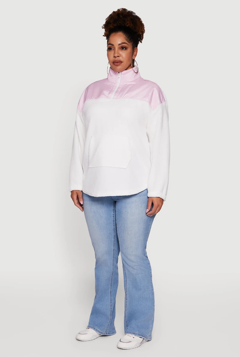 Womens Plus Size Sherpa Pullover Sweatshirt with Kangaroo Pocket, White, Size 4X