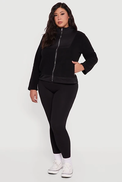 Womens Plus Size Sherpa Long Sleeve Mock Neck Zip Front Jacket, Black, Size 3X