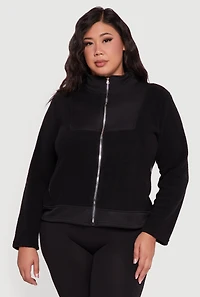 Womens Plus Size Sherpa Long Sleeve Mock Neck Zip Front Jacket, Black, Size 3X