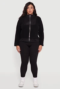 Womens Plus Size Sherpa Long Sleeve Mock Neck Zip Front Jacket, Black, Size 3X