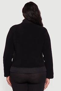 Womens Plus Sherpa Long Sleeve Mock Neck Zip Front Jacket, Black,