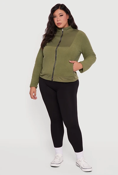 Womens Plus Size Sherpa Long Sleeve Mock Neck Zip Front Jacket, Green, Size 4X