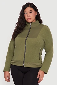 Womens Plus Size Sherpa Long Sleeve Mock Neck Zip Front Jacket, Green, Size 4X