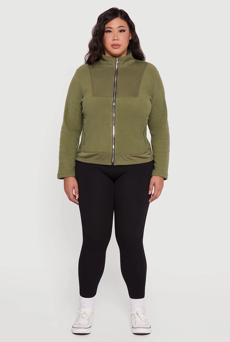 Womens Plus Size Sherpa Long Sleeve Mock Neck Zip Front Jacket, Green, Size 4X