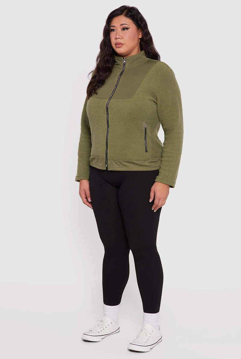 Womens Plus Size Sherpa Long Sleeve Mock Neck Zip Front Jacket, Green, Size 4X