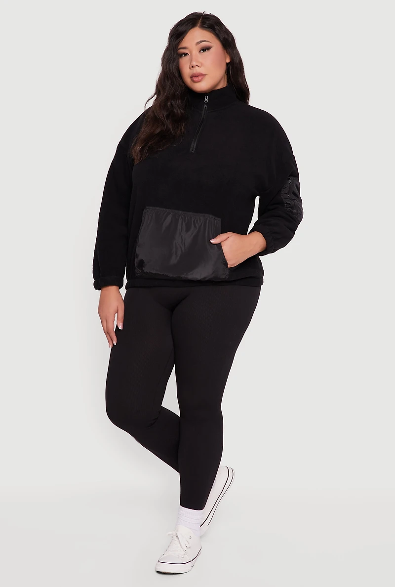 Womens Plus Kangaroo Pocket Half Zip Mock Neck Pullover, Black,