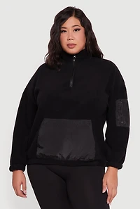 Womens Plus Size Kangaroo Pocket Half Zip Mock Neck Pullover, Black, Size 1X