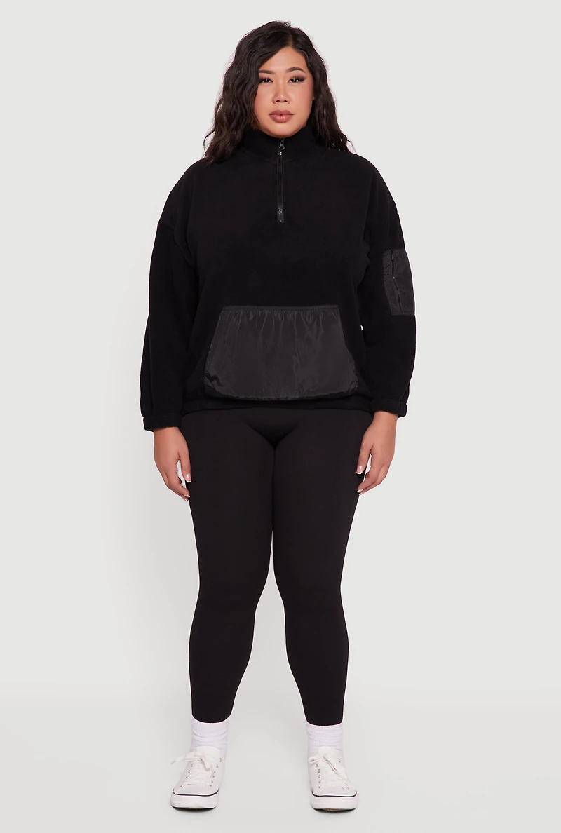 Womens Plus Kangaroo Pocket Half Zip Mock Neck Pullover, Black,