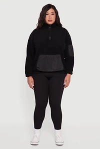 Womens Plus Kangaroo Pocket Half Zip Mock Neck Pullover, Black,