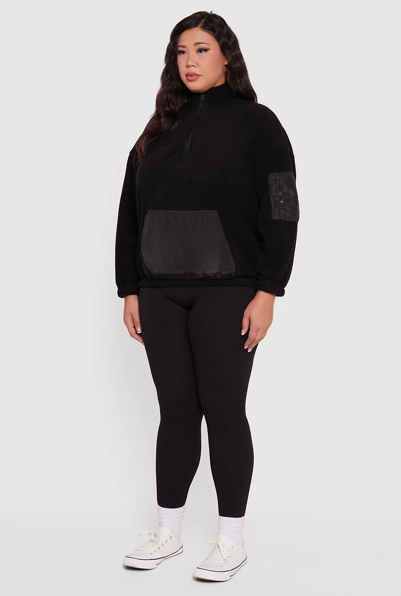 Womens Plus Kangaroo Pocket Half Zip Mock Neck Pullover, Black,