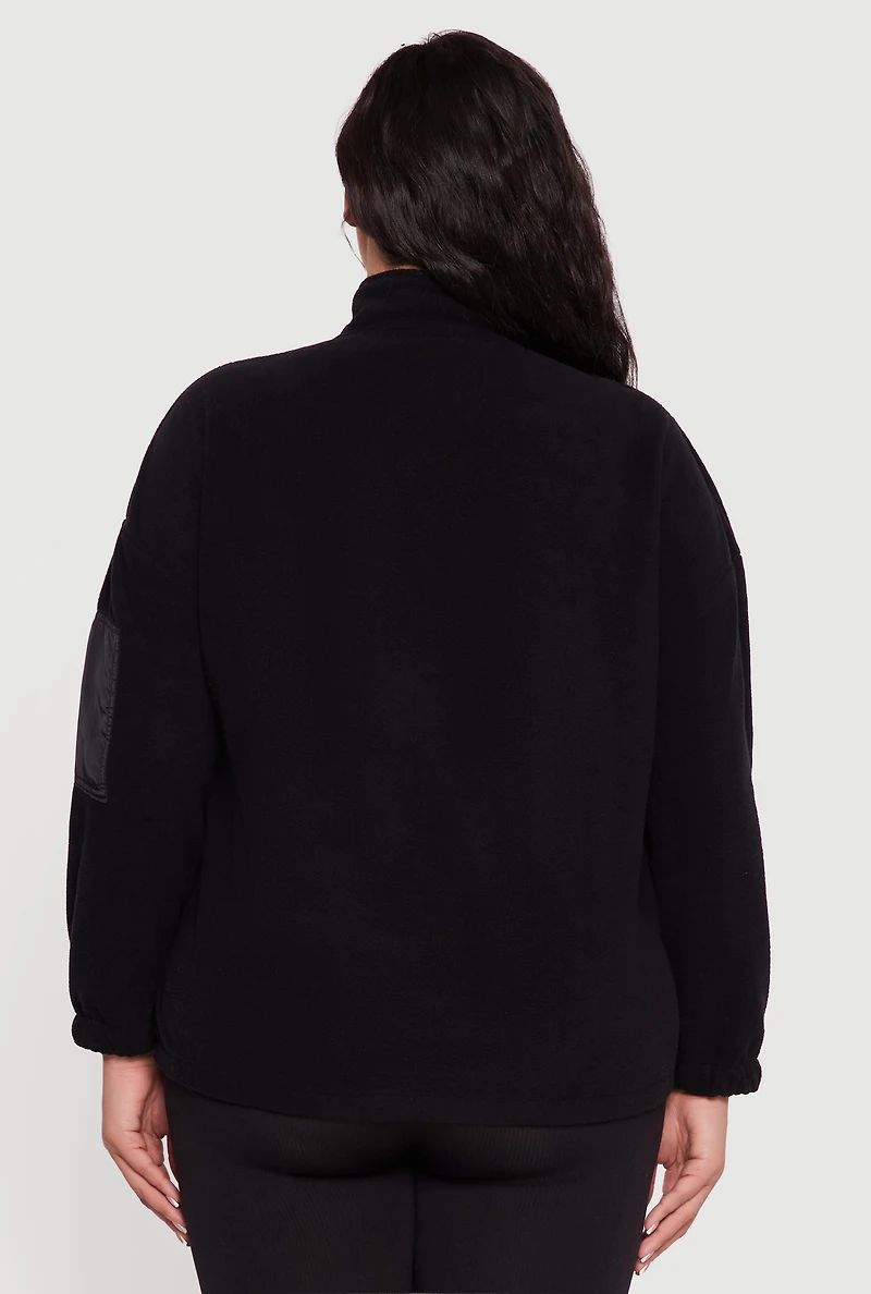 Womens Plus Kangaroo Pocket Half Zip Mock Neck Pullover, Black,