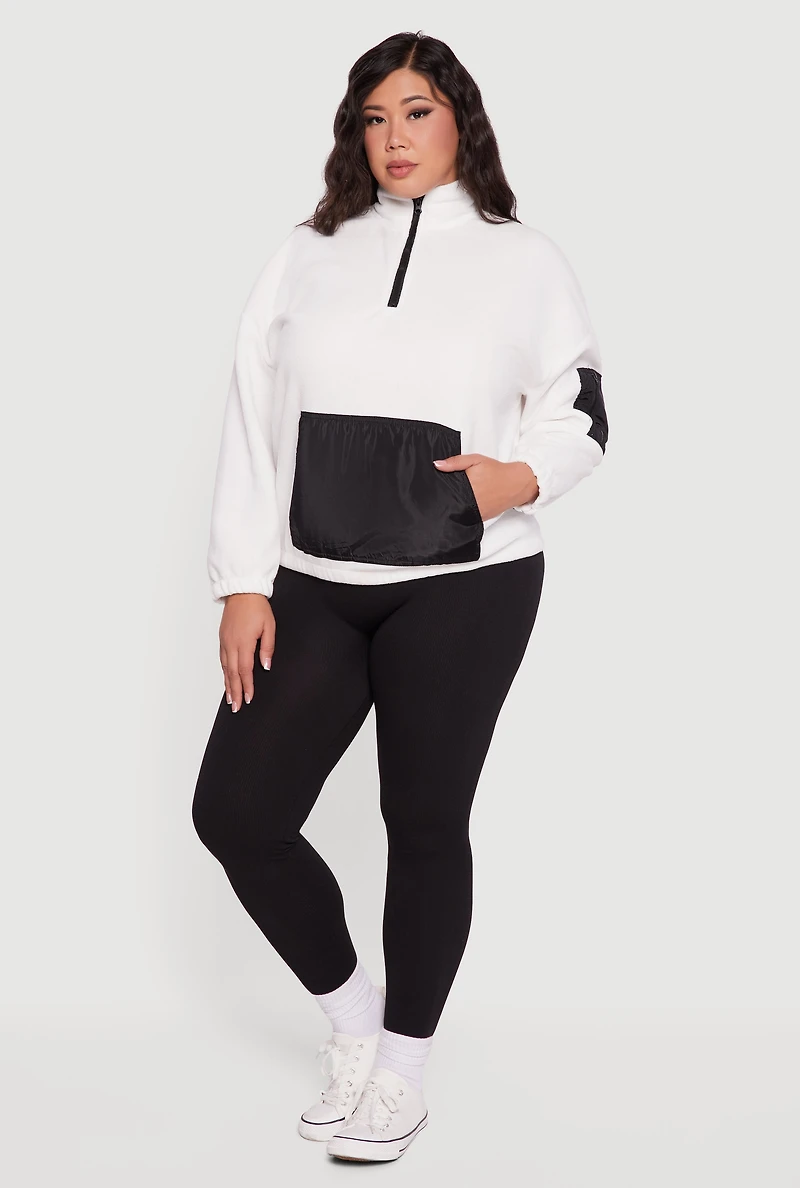 Womens Plus Size Kangaroo Pocket Half Zip Mock Neck Pullover, White, Size 4X