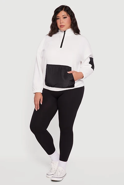 Womens Plus Size Kangaroo Pocket Half Zip Mock Neck Pullover, White, Size 4X