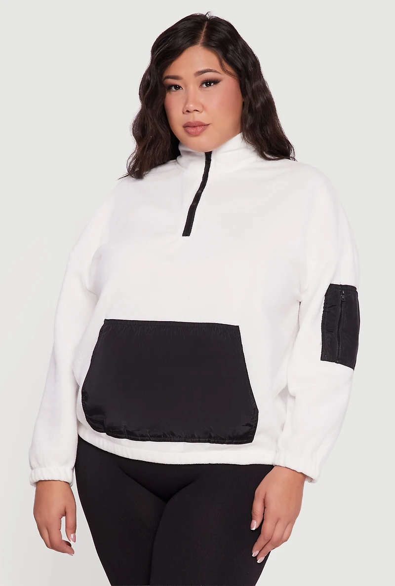 Womens Plus Size Kangaroo Pocket Half Zip Mock Neck Pullover, White, Size 4X