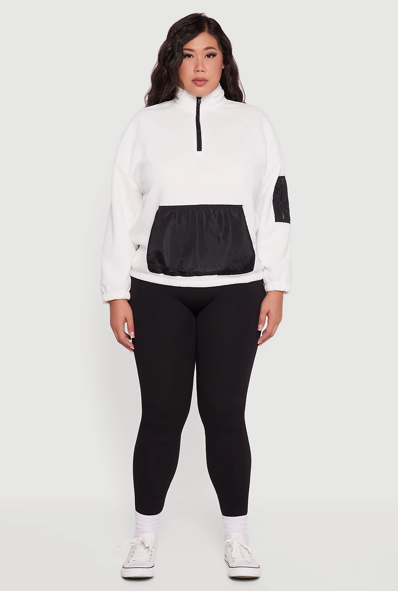 Womens Plus Size Kangaroo Pocket Half Zip Mock Neck Pullover, White, Size 4X