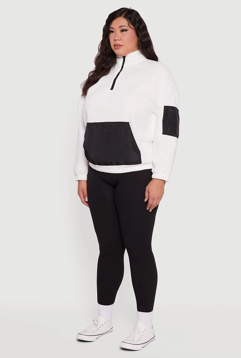 Womens Plus Size Kangaroo Pocket Half Zip Mock Neck Pullover, White, Size 4X