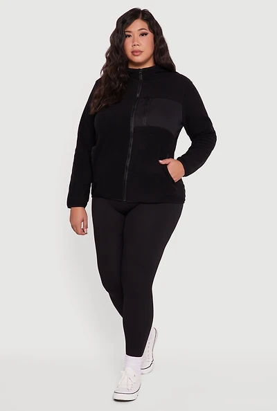 Womens Plus Fleece Long Sleeve Zip Front Hooded Jacket,