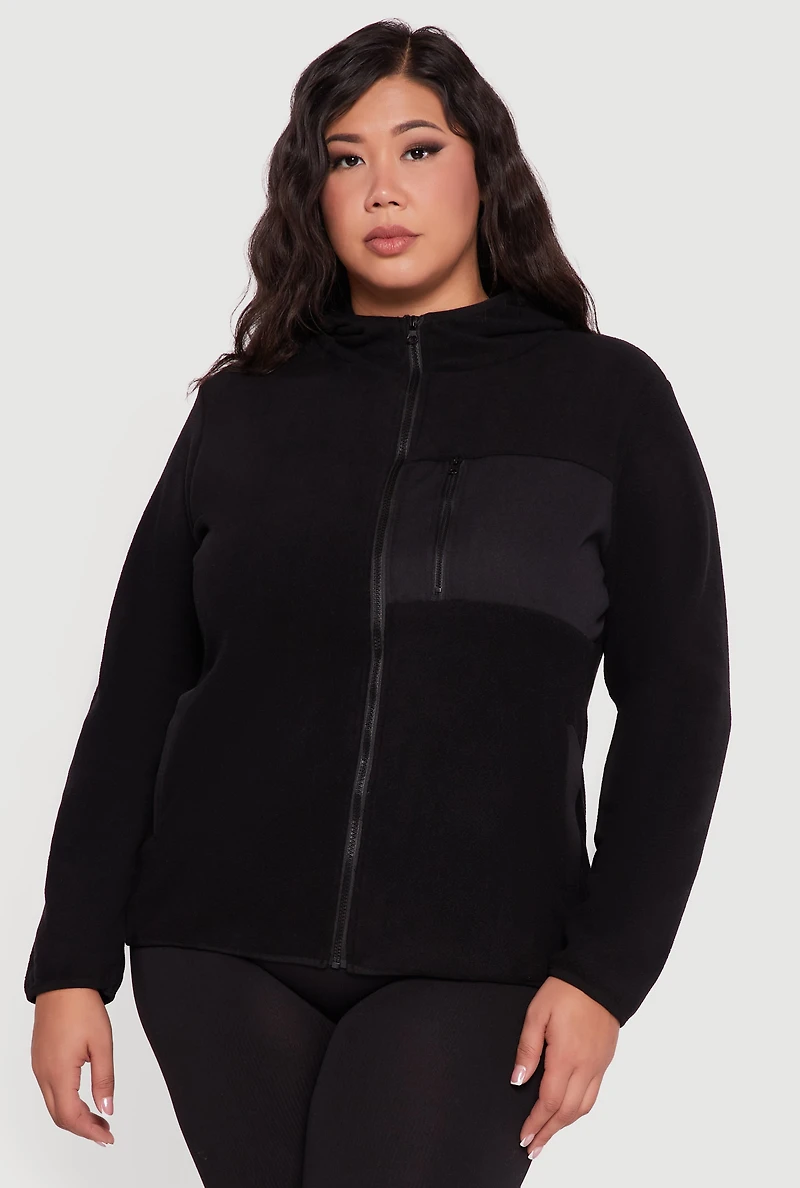 Womens Plus Size Fleece Long Sleeve Zip Front Hooded Jacket, Black, Size 4X