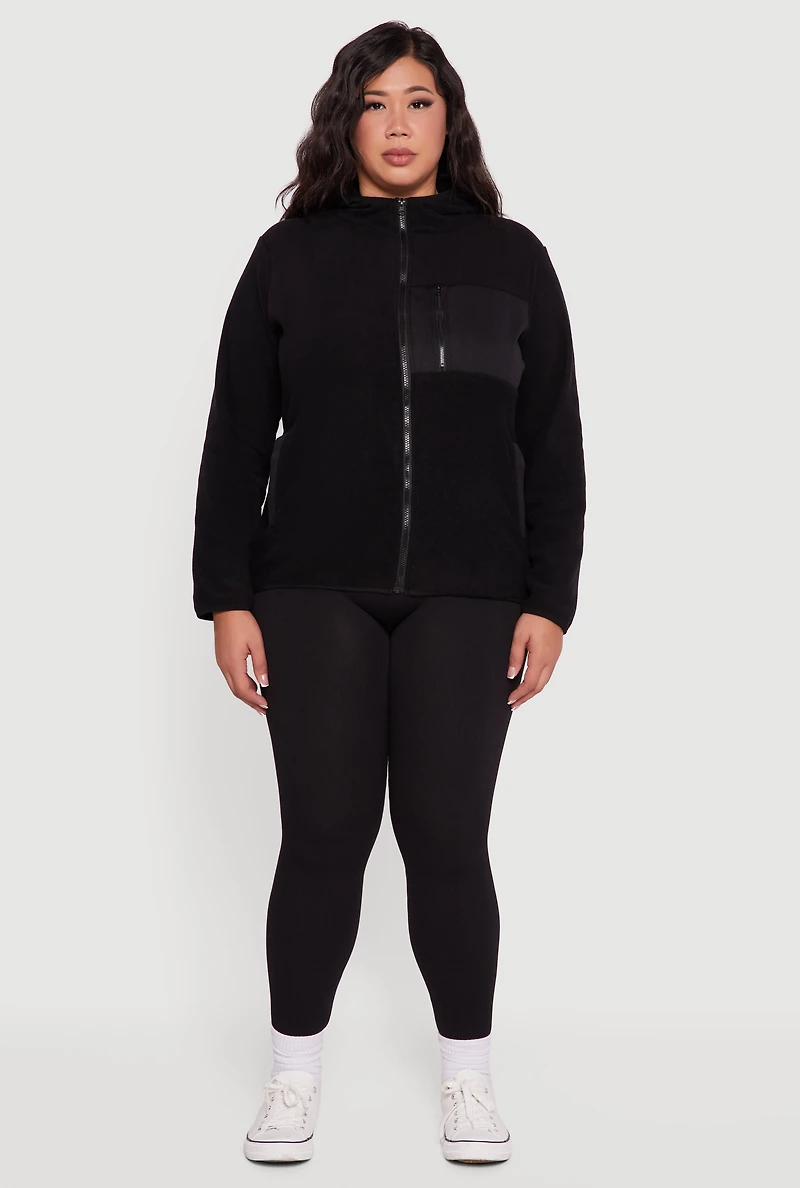 Womens Plus Size Fleece Long Sleeve Zip Front Hooded Jacket, Black, Size 4X