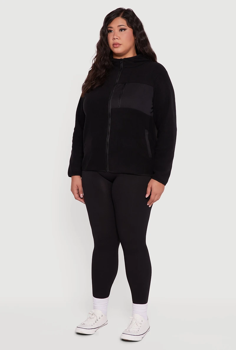 Womens Plus Size Fleece Long Sleeve Zip Front Hooded Jacket, Black, Size 4X