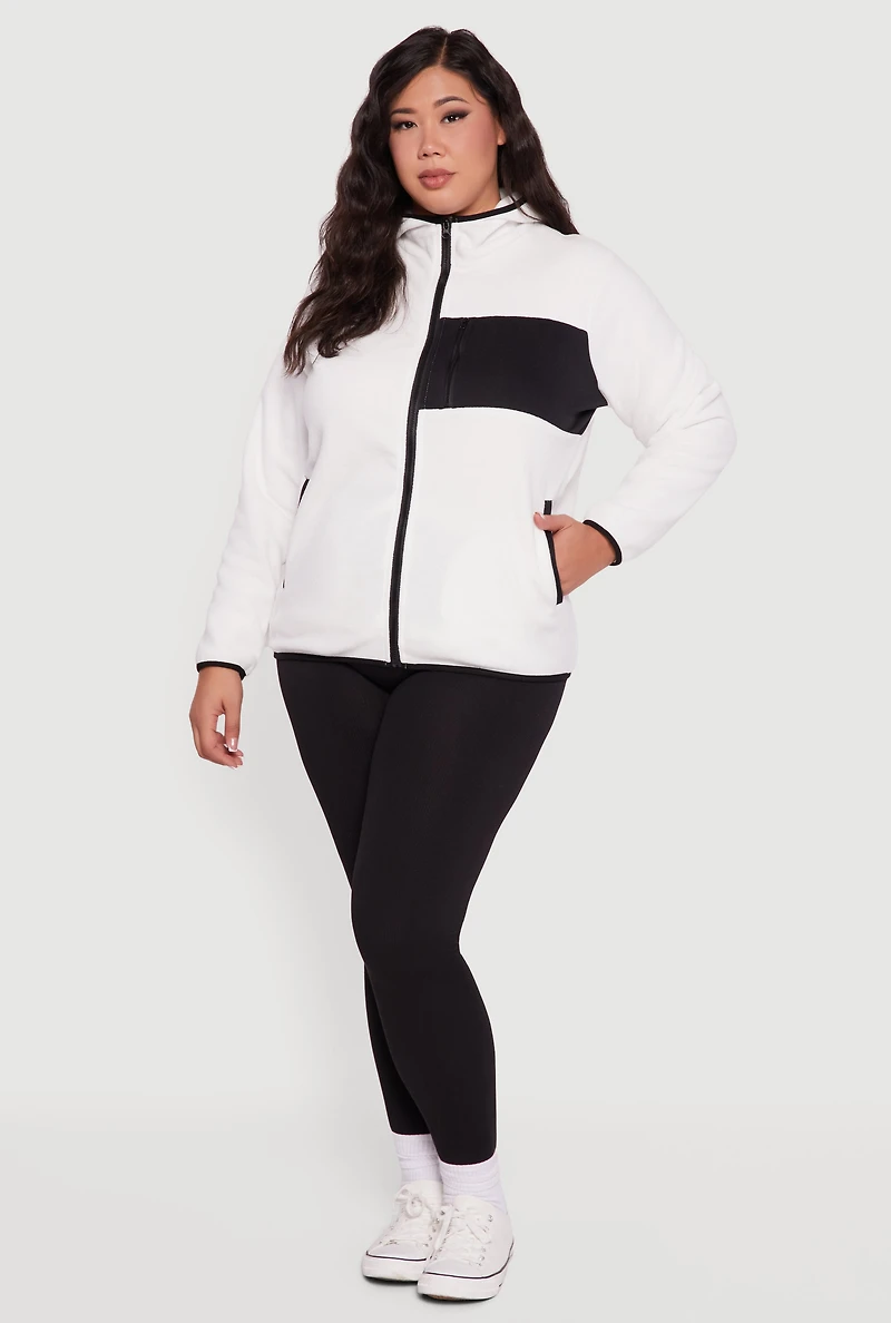 Womens Plus Size Fleece Long Sleeve Zip Front Hooded Jacket, White, Size 1X