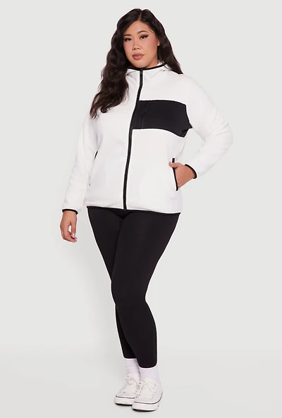 Womens Plus Size Fleece Long Sleeve Zip Front Hooded Jacket, White, Size 1X