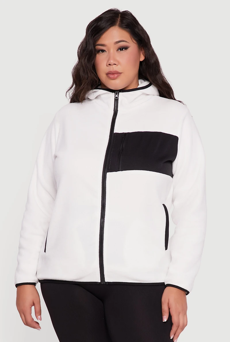 Womens Plus Size Fleece Long Sleeve Zip Front Hooded Jacket, White, Size 1X