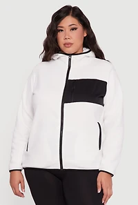 Womens Plus Size Fleece Long Sleeve Zip Front Hooded Jacket, White, Size 1X