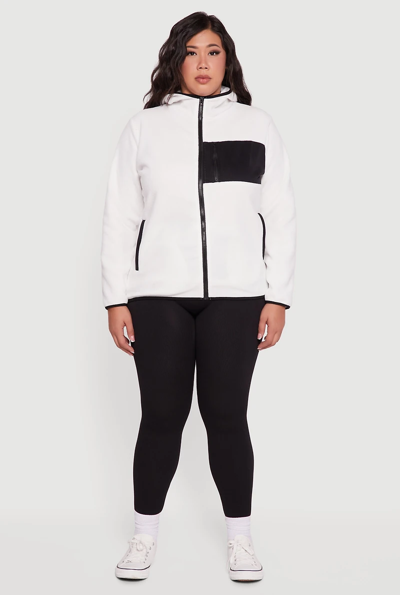 Womens Plus Size Fleece Long Sleeve Zip Front Hooded Jacket, White, Size 1X