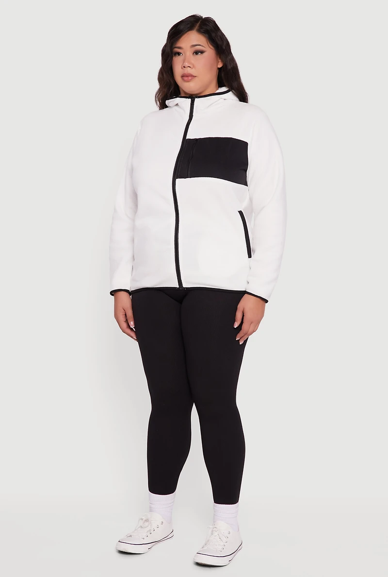 Womens Plus Size Fleece Long Sleeve Zip Front Hooded Jacket, White, Size 1X