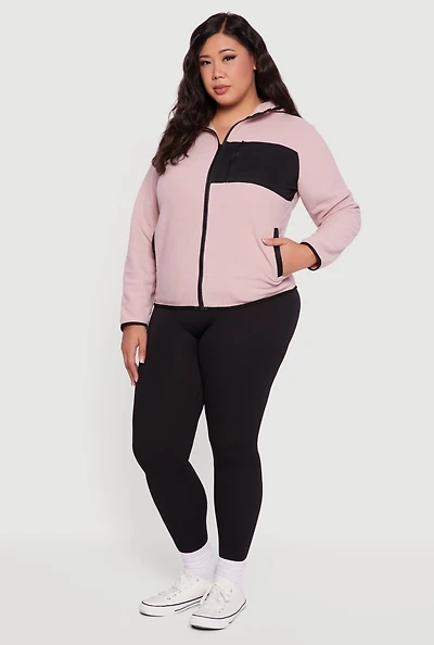 Womens Plus Size Fleece Long Sleeve Zip Front Hooded Jacket, Pink, Size 2X
