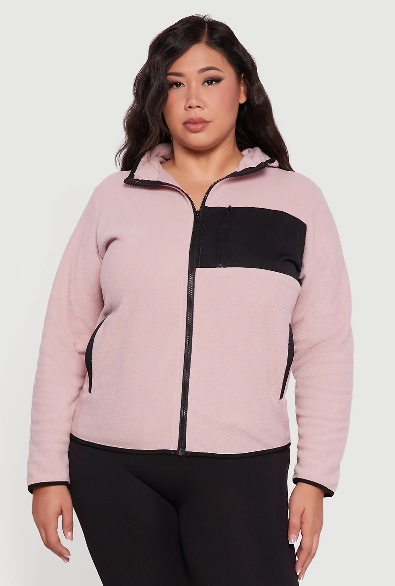 Womens Plus Size Fleece Long Sleeve Zip Front Hooded Jacket, Pink, Size 2X