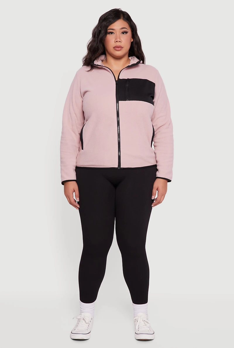 Womens Plus Size Fleece Long Sleeve Zip Front Hooded Jacket, Pink, Size 2X