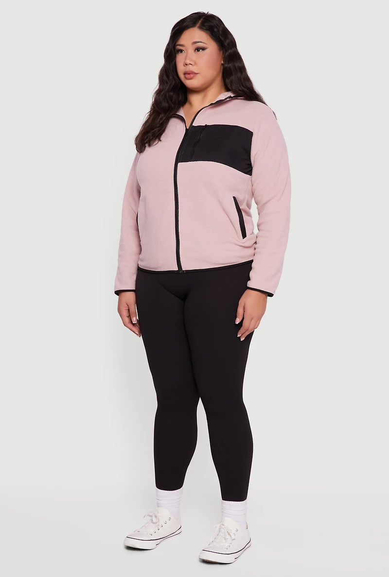 Womens Plus Size Fleece Long Sleeve Zip Front Hooded Jacket, Pink, Size 2X