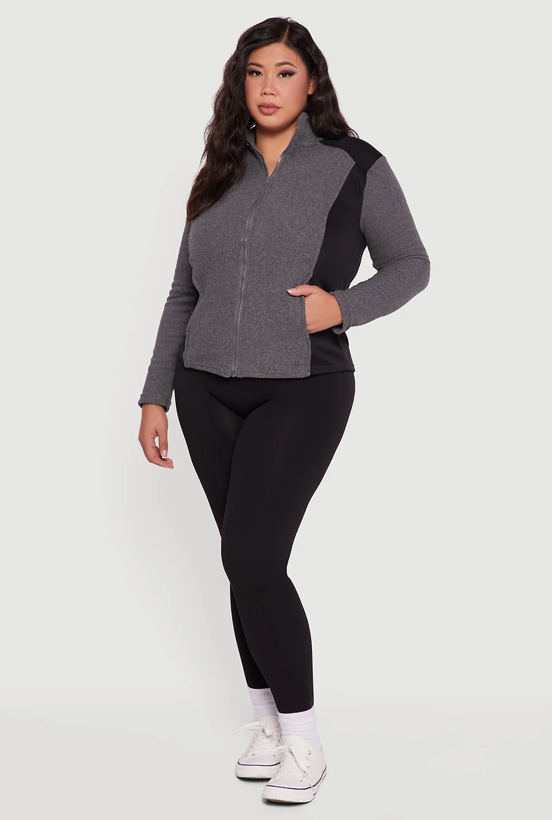 Womens Plus Fleece Zip Front Mock Neck Long Sleeve Jacket, Grey,
