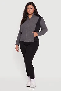Womens Plus Fleece Zip Front Mock Neck Long Sleeve Jacket, Grey,