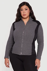 Womens Plus Fleece Zip Front Mock Neck Long Sleeve Jacket, Grey,