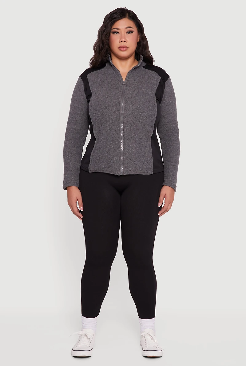 Womens Plus Size Fleece Zip Front Mock Neck Long Sleeve Jacket, Grey, Size 2X