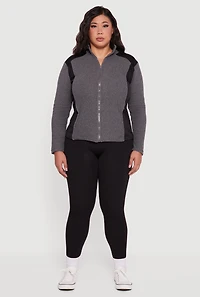 Womens Plus Size Fleece Zip Front Mock Neck Long Sleeve Jacket, Grey, Size 2X
