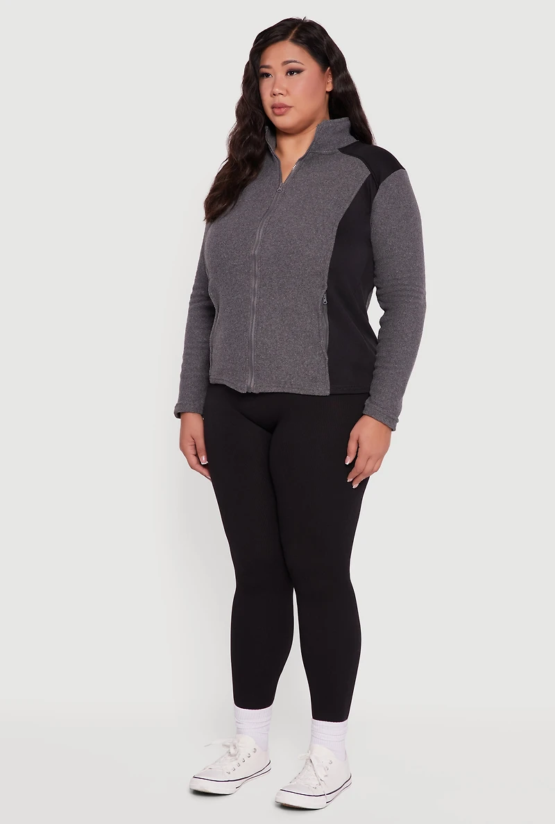 Womens Plus Size Fleece Zip Front Mock Neck Long Sleeve Jacket, Grey, Size 2X
