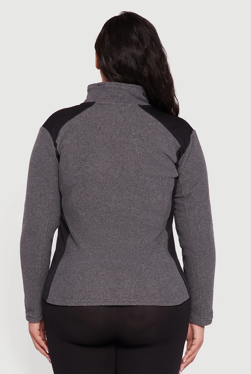 Womens Plus Size Fleece Zip Front Mock Neck Long Sleeve Jacket, Grey, Size 2X