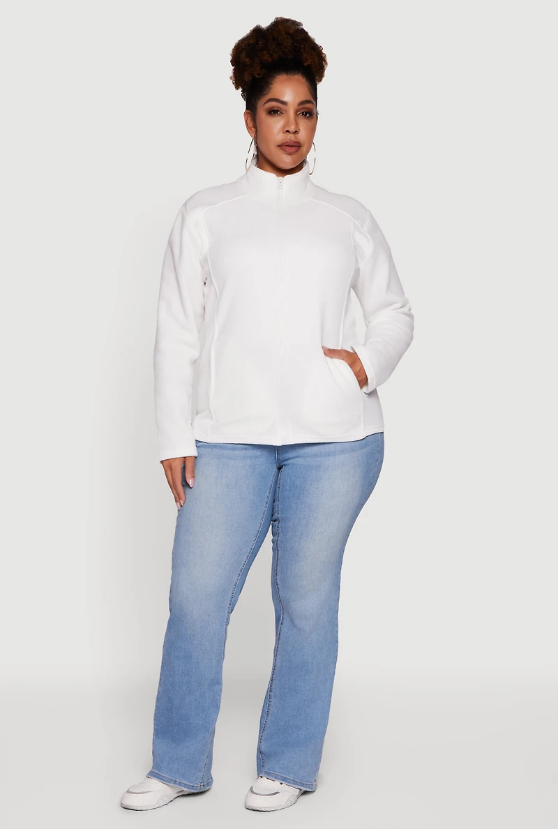 Womens Plus Fleece Zip Front Mock Neck Long Sleeve Jacket, White,