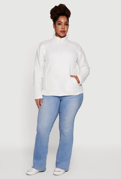 Womens Plus Fleece Zip Front Mock Neck Long Sleeve Jacket, White,