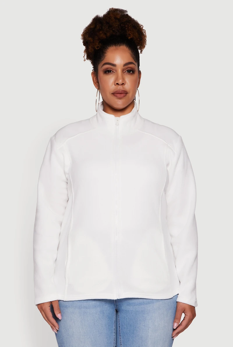 Womens Plus Fleece Zip Front Mock Neck Long Sleeve Jacket, White,