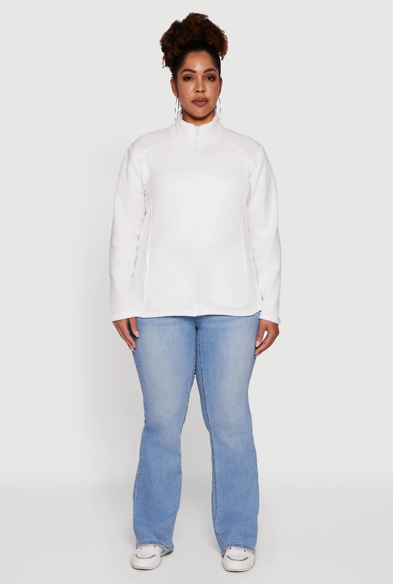 Womens Plus Fleece Zip Front Mock Neck Long Sleeve Jacket, White,