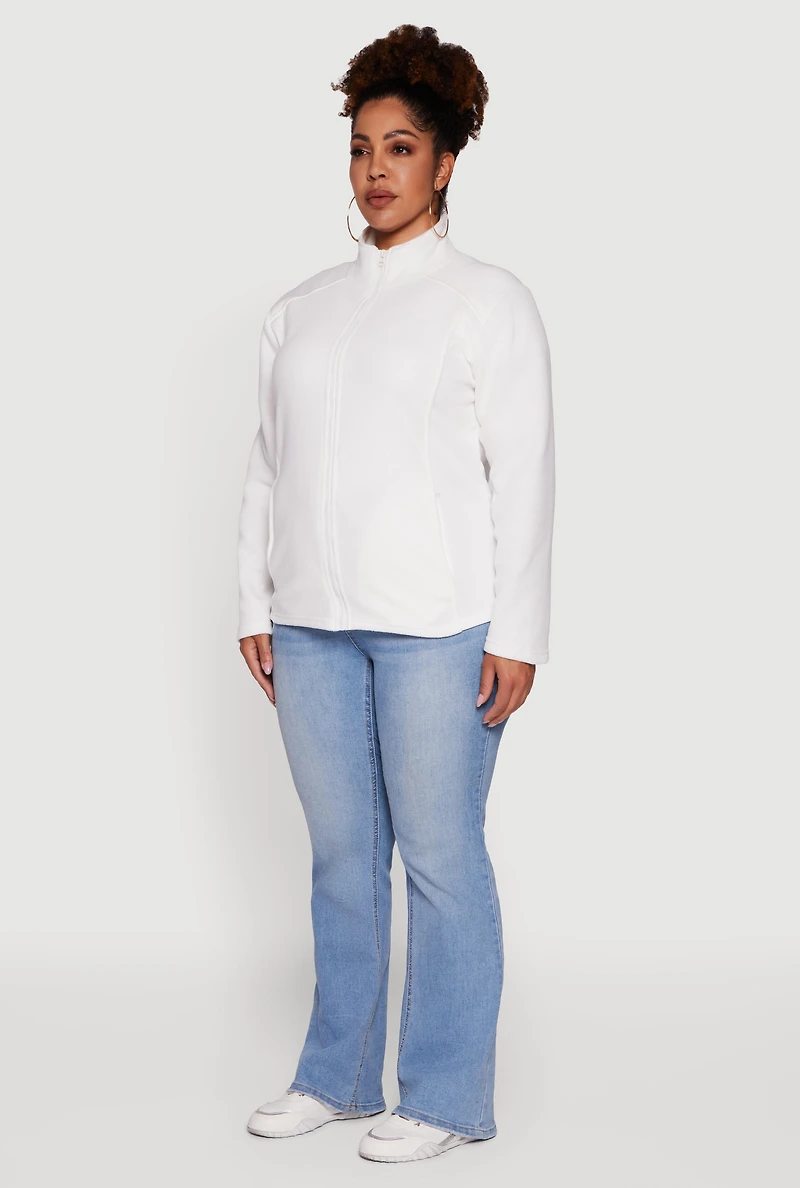 Womens Plus Fleece Zip Front Mock Neck Long Sleeve Jacket, White,