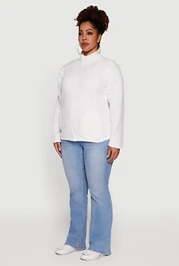 Womens Plus Fleece Zip Front Mock Neck Long Sleeve Jacket, White,
